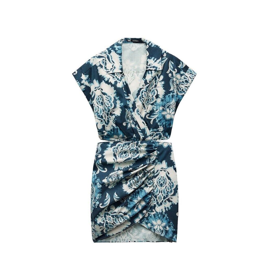 Zara Dress Women Small Blue Printed Mini Cut Out Back Resort Vacation Tribal NEW - Picture 4 of 16